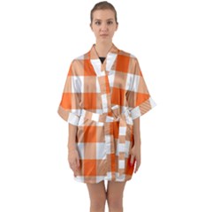 Orange And White Plaids Half Sleeve Satin Kimono  by ConteMonfrey