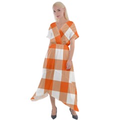 Orange And White Plaids Cross Front Sharkbite Hem Maxi Dress by ConteMonfrey