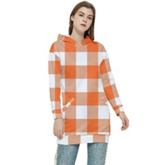 Orange And White Plaids Women s Long Oversized Pullover Hoodie by ConteMonfrey