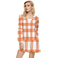 Orange And White Plaids Tiered Long Sleeve Mini Dress by ConteMonfrey