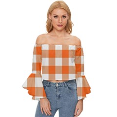 Orange And White Plaids Off Shoulder Flutter Bell Sleeve Top by ConteMonfrey