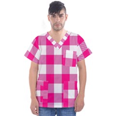 Pink And White Plaids Men s V-neck Scrub Top