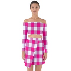 Pink And White Plaids Off Shoulder Top With Skirt Set by ConteMonfrey