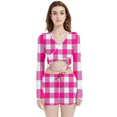 Pink And White Plaids Velvet Wrap Crop Top And Shorts Set by ConteMonfrey