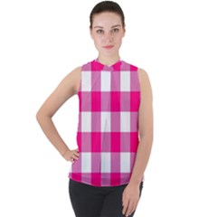 Pink And White Plaids Mock Neck Chiffon Sleeveless Top by ConteMonfrey