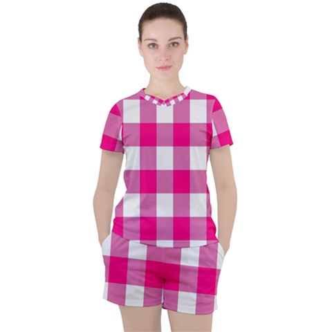 Pink And White Plaids Women s Tee And Shorts Set by ConteMonfrey