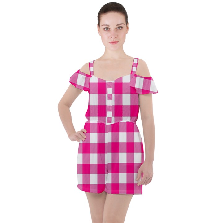 Pink and white plaids Ruffle Cut Out Chiffon Playsuit