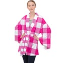 Pink and white plaids Long Sleeve Velvet Kimono  View1