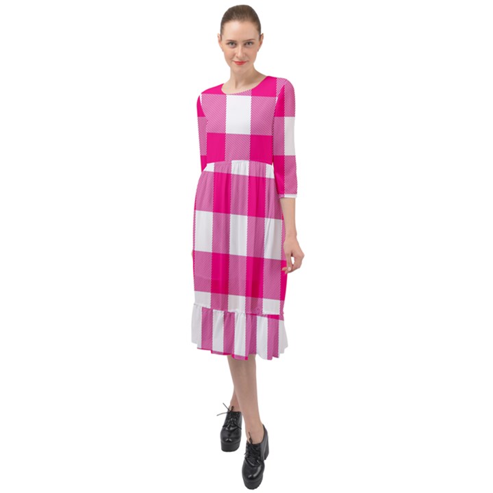 Pink and white plaids Ruffle End Midi Chiffon Dress