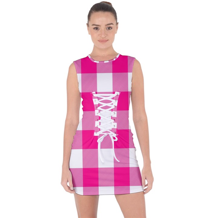 Pink and white plaids Lace Up Front Bodycon Dress