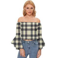 Gray And Yellow Plaids  Off Shoulder Flutter Bell Sleeve Top by ConteMonfrey