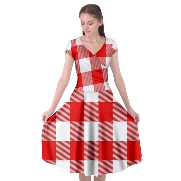 Red and white plaids Cap Sleeve Wrap Front Dress