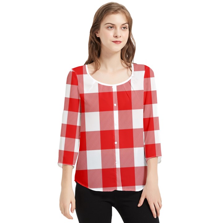 Red and white plaids Chiffon Quarter Sleeve Blouse