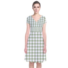 Green Tea White Small Plaids Short Sleeve Front Wrap Dress by ConteMonfrey