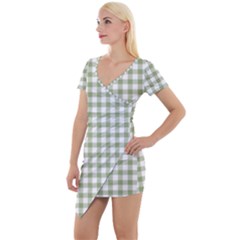 Green Tea White Small Plaids Short Sleeve Asymmetric Mini Dress by ConteMonfrey