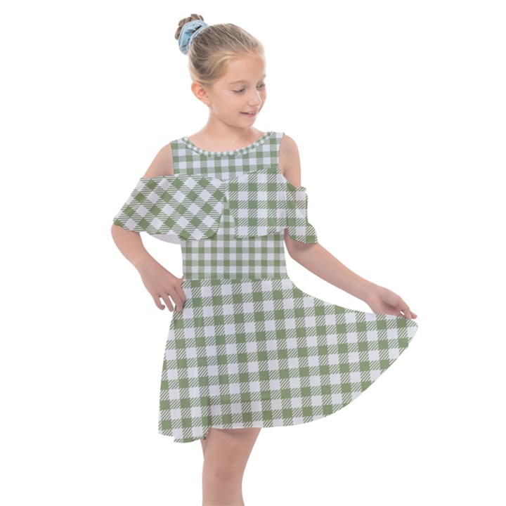 Green Tea White Small Plaids Kids  Shoulder Cutout Chiffon Dress