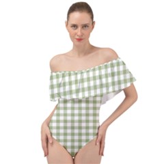 Green Tea White Small Plaids Off Shoulder Velour Bodysuit  by ConteMonfrey