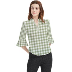 Green Tea White Small Plaids Loose Horn Sleeve Chiffon Blouse