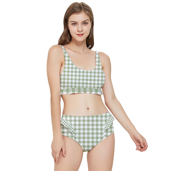 Green Tea White Small Plaids Frilly Bikini Set