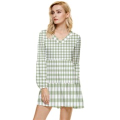 Green Tea White Small Plaids Tiered Long Sleeve Mini Dress by ConteMonfrey