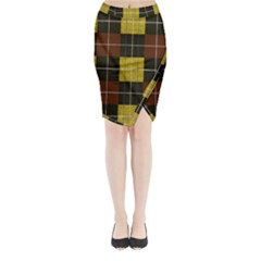 Modern Black Red Golden Plaids Midi Wrap Pencil Skirt by ConteMonfrey