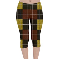 Modern Black Red Golden Plaids Velvet Capri Leggings  by ConteMonfrey