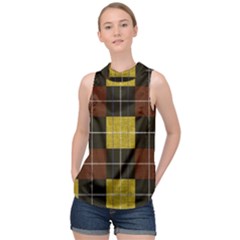 Modern Black Red Golden Plaids High Neck Satin Top by ConteMonfrey