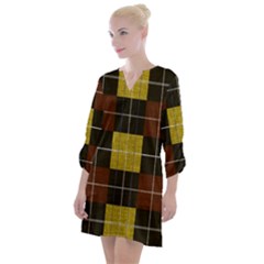 Modern Black Red Golden Plaids Open Neck Shift Dress by ConteMonfrey