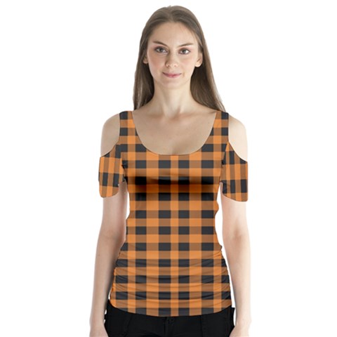 Orange Black Small Plaids Butterfly Sleeve Cutout Tee  by ConteMonfrey