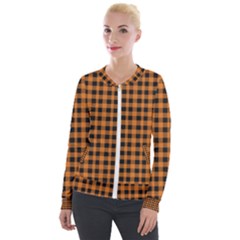 Orange black small plaids Velvet Zip Up Jacket