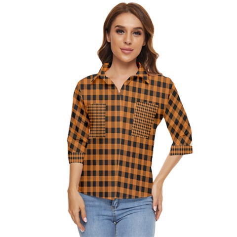 Orange Black Small Plaids Women s Quarter Sleeve Pocket Shirt by ConteMonfrey