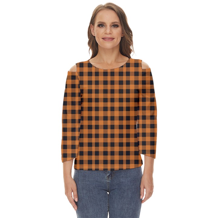 Orange black small plaids Cut Out Wide Sleeve Top