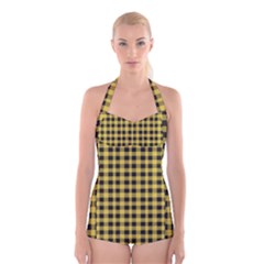 Black And Yellow Small Plaids Boyleg Halter Swimsuit  by ConteMonfrey