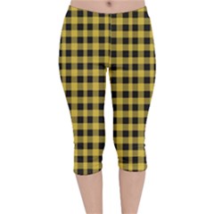 Black And Yellow Small Plaids Velvet Capri Leggings  by ConteMonfrey