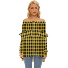 Black And Yellow Small Plaids Off Shoulder Chiffon Pocket Shirt by ConteMonfrey