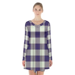 Blue Purple And White Plaids Long Sleeve Velvet V-neck Dress by ConteMonfrey