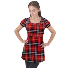 Black, White And Red Classic Plaids Puff Sleeve Tunic Top by ConteMonfrey