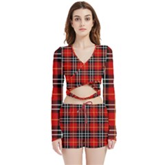 Black, White And Red Classic Plaids Velvet Wrap Crop Top And Shorts Set by ConteMonfrey