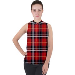 Black, White And Red Classic Plaids Mock Neck Chiffon Sleeveless Top by ConteMonfrey