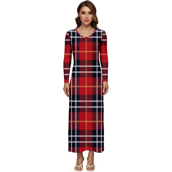 Black, white and red classic plaids Long Sleeve Velour Longline Maxi Dress