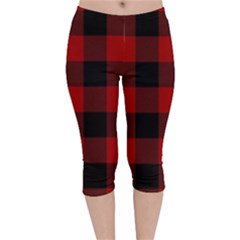 Red And Black Plaids Velvet Capri Leggings  by ConteMonfrey