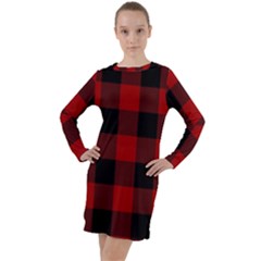 Red And Black Plaids Long Sleeve Hoodie Dress by ConteMonfrey