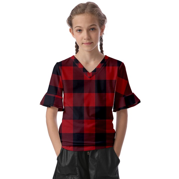 Red and black plaids Kids  V-Neck Horn Sleeve Blouse