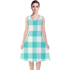 Blue And White Plaids V-neck Midi Sleeveless Dress  by ConteMonfrey