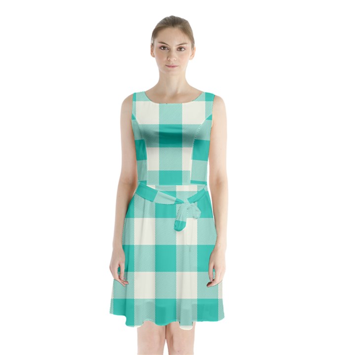 Blue and white plaids Sleeveless Waist Tie Chiffon Dress