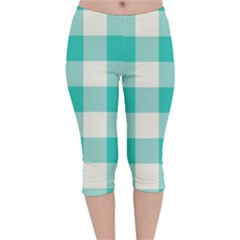 Blue And White Plaids Velvet Capri Leggings  by ConteMonfrey