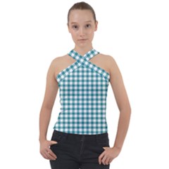 Straight Blue White Small Plaids Cross Neck Velour Top by ConteMonfrey