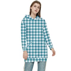 Straight Blue White Small Plaids Women s Long Oversized Pullover Hoodie by ConteMonfrey