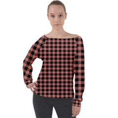 Straight Black Pink Small Plaids  Off Shoulder Long Sleeve Velour Top by ConteMonfrey