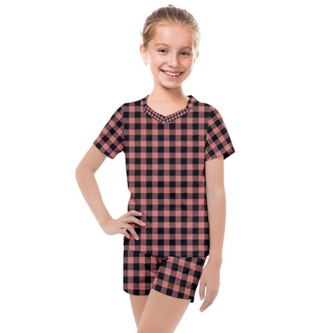 Straight Black Pink Small Plaids  Kids  Mesh Tee And Shorts Set by ConteMonfrey